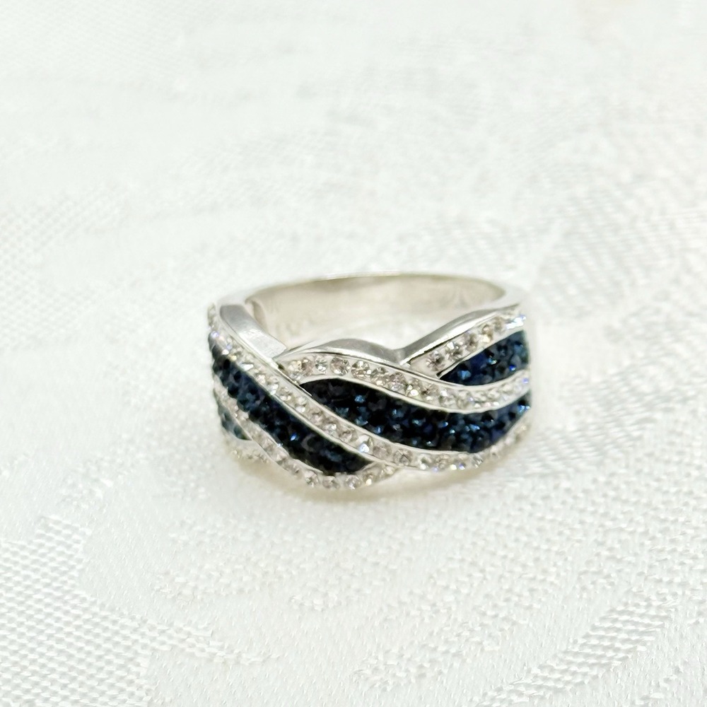 ATI BR CH 8 Blue and Clear Crystal Silver Tone Brass Rhodium Cocktail Ring Sz 8
